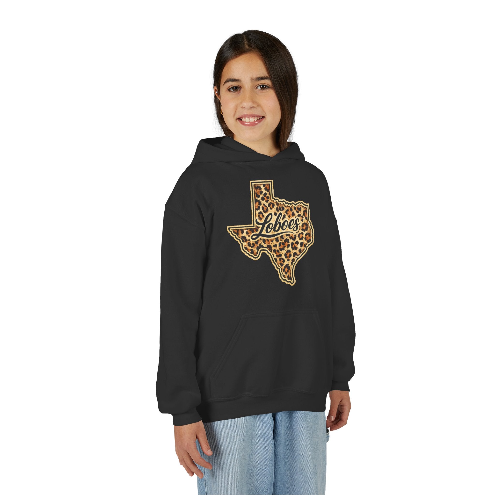 Texas Lobos Youth Hoodie — Leopard Print State Logo Sweatshirt