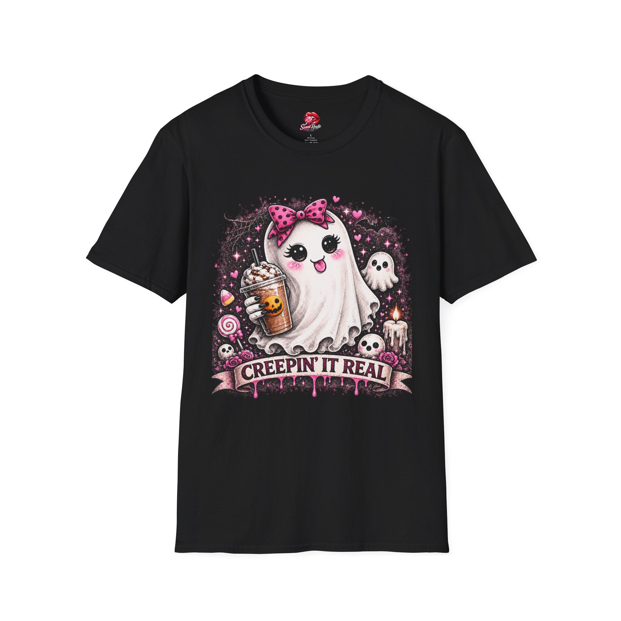 Cute Ghost with Bow Creepin It Real T-Shirt | Coquette Halloween Ghost Tee | Pink Bow Spooky Shirt | Cute Fall Graphic Tee | Halloween Gift