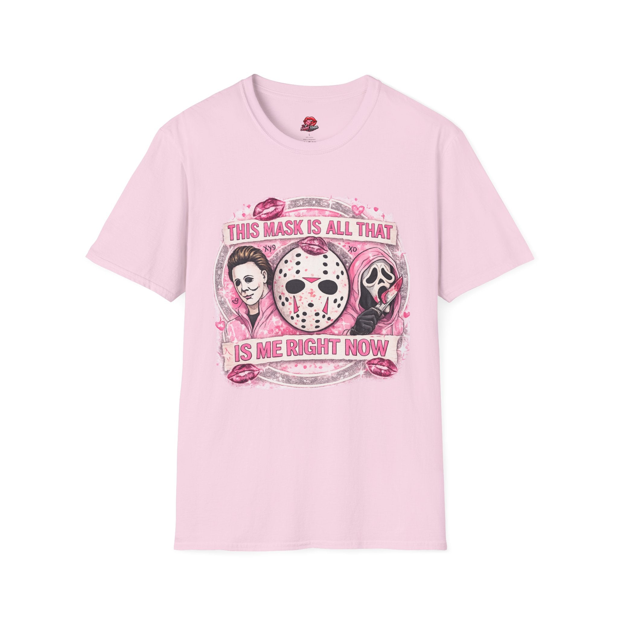 This Mask Is All That Graphic T-Shirt | Cute Pink Horror Inspired Tee | Retro Spooky Halloween Shirt | Creepy Cute Graphic Tee
