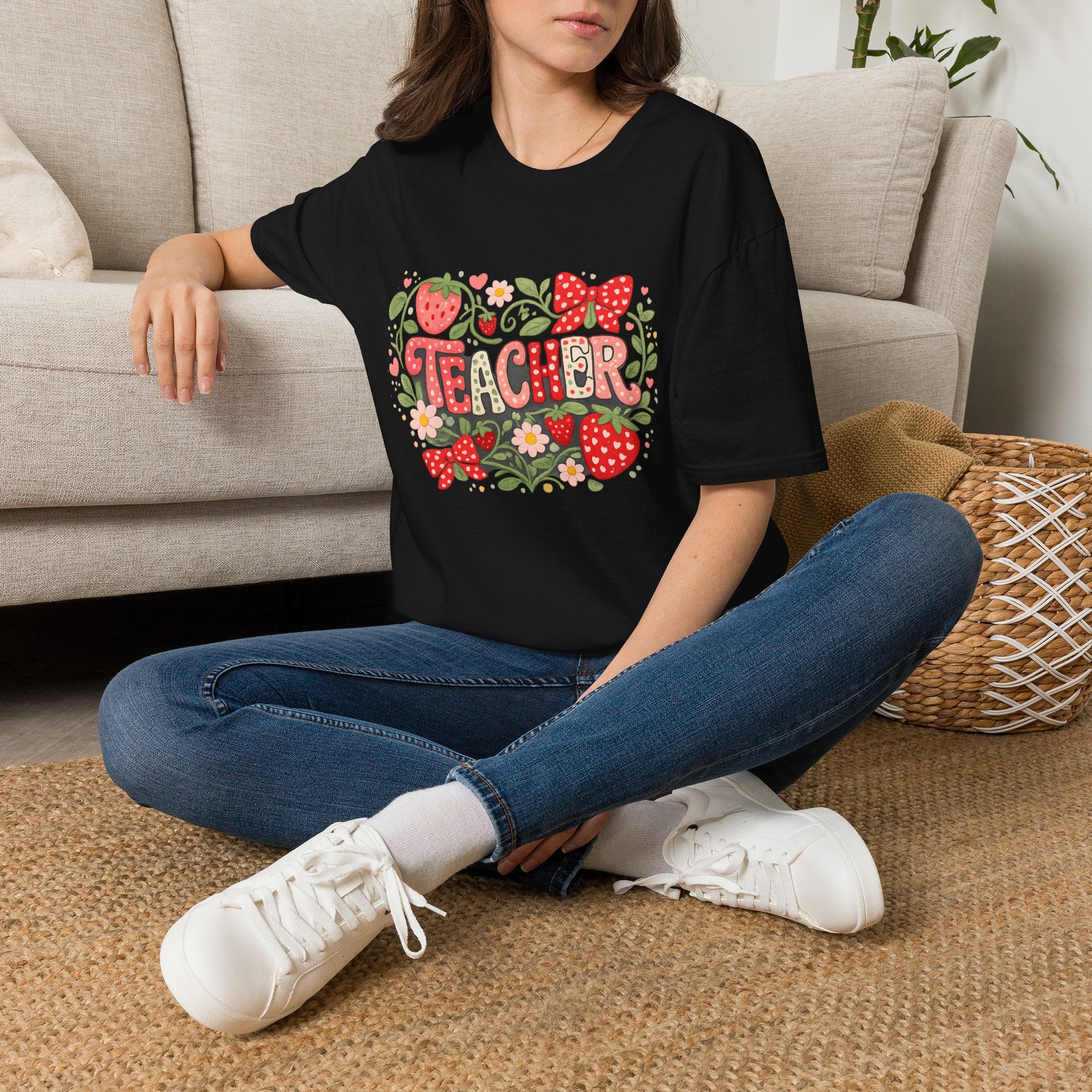 Teacher Strawberry Floral T-Shirt | Cute Coquette Teacher Shirt | Retro School Tee | Back to School Gift for Teachers