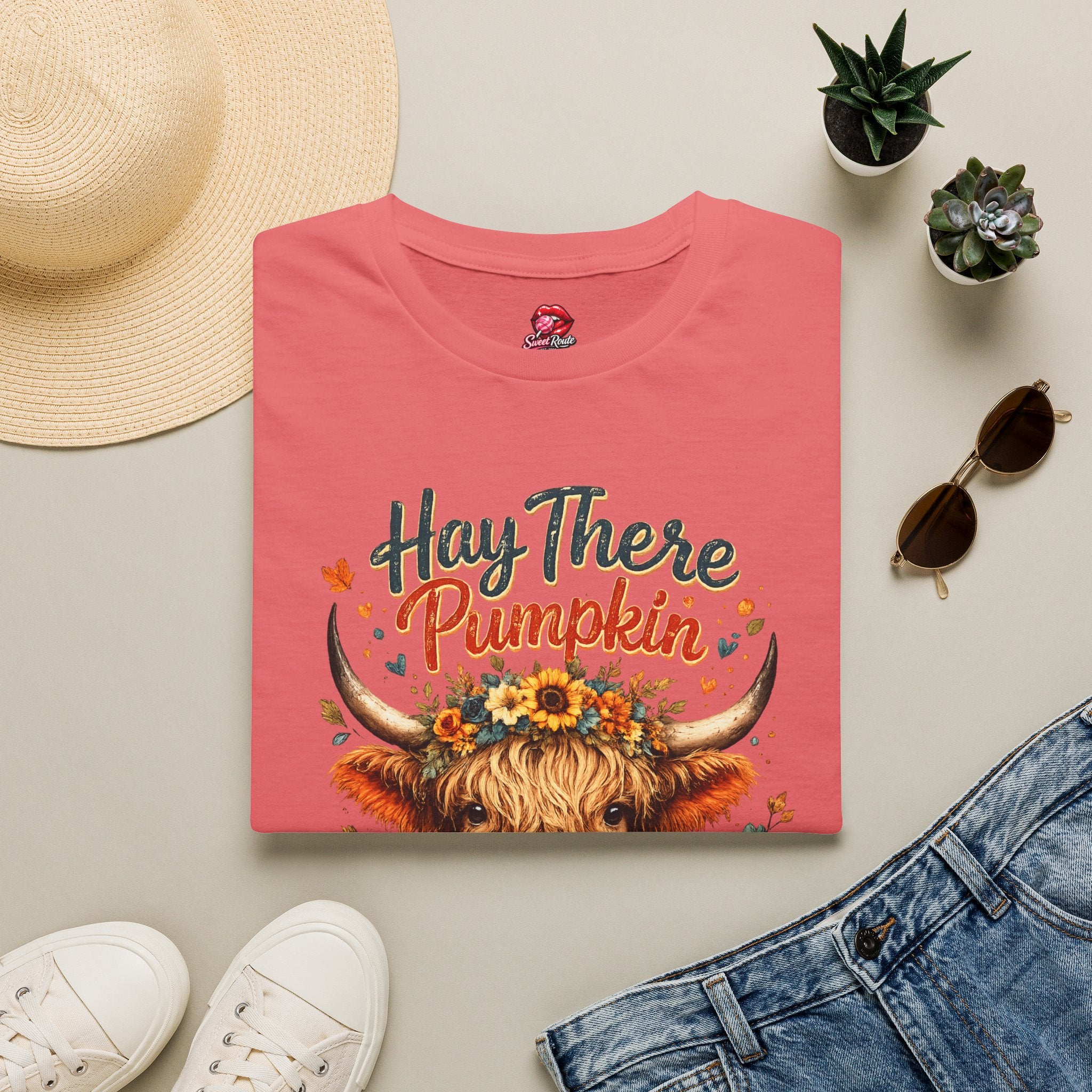 Hay There Pumpkin Highland Cow T-Shirt | Cute Fall Cow Graphic Tee | Autumn Pumpkin Farm Fall Tee | Cozy Country Style