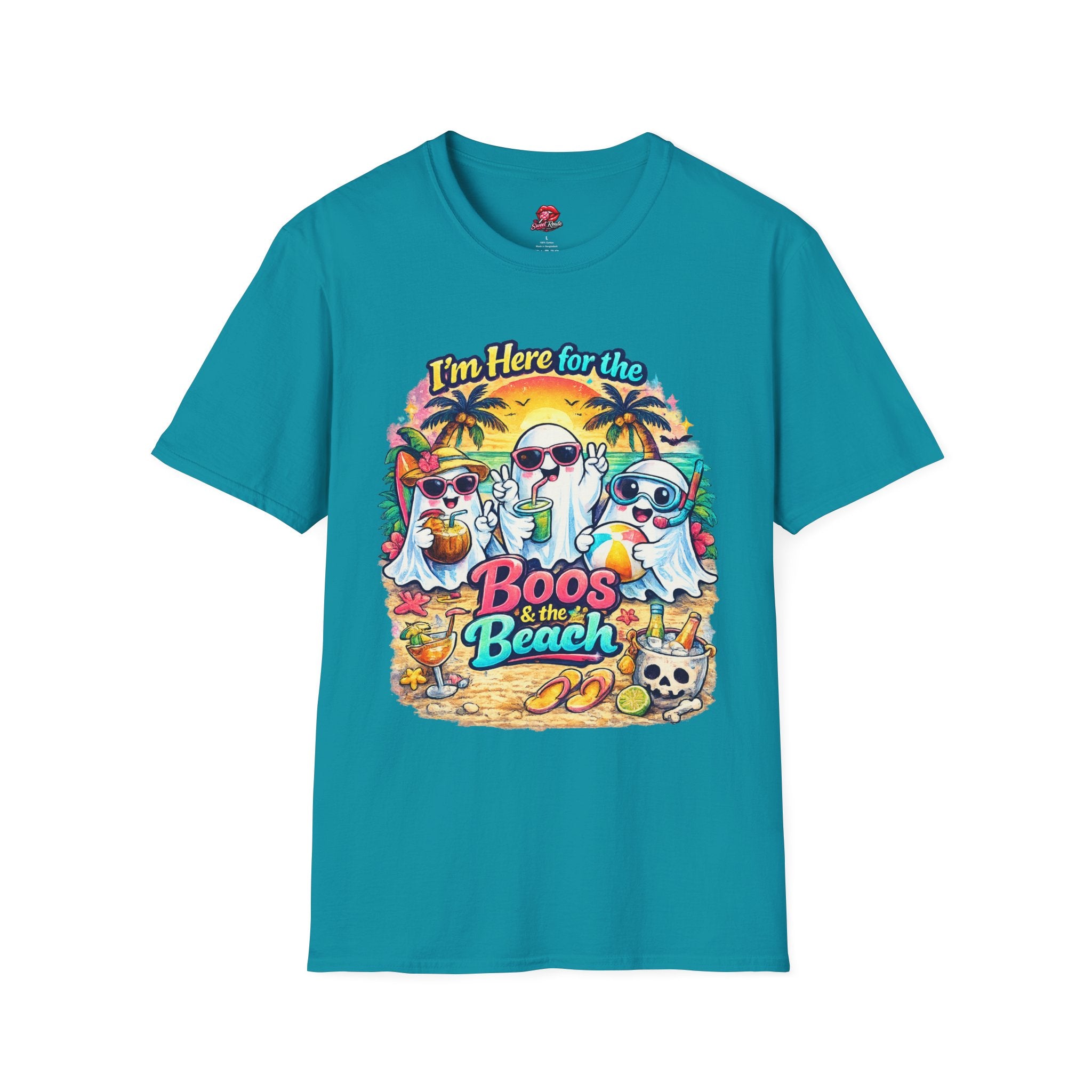 I’m Here for the Boos at the Beach Shirt | Summerween Ghost Beach T-Shirt | Cute Coastal Halloween Tee | Retro Spooky Beach Vacation Shirt