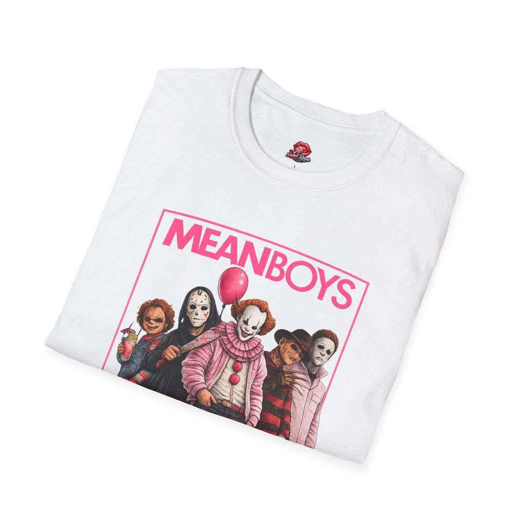 Mean Boys Horror Graphic T-Shirt | Retro Slasher Inspired Pink Halloween Tee | Cute Creepy Horror Fan Shirt | Spooky Season Gift