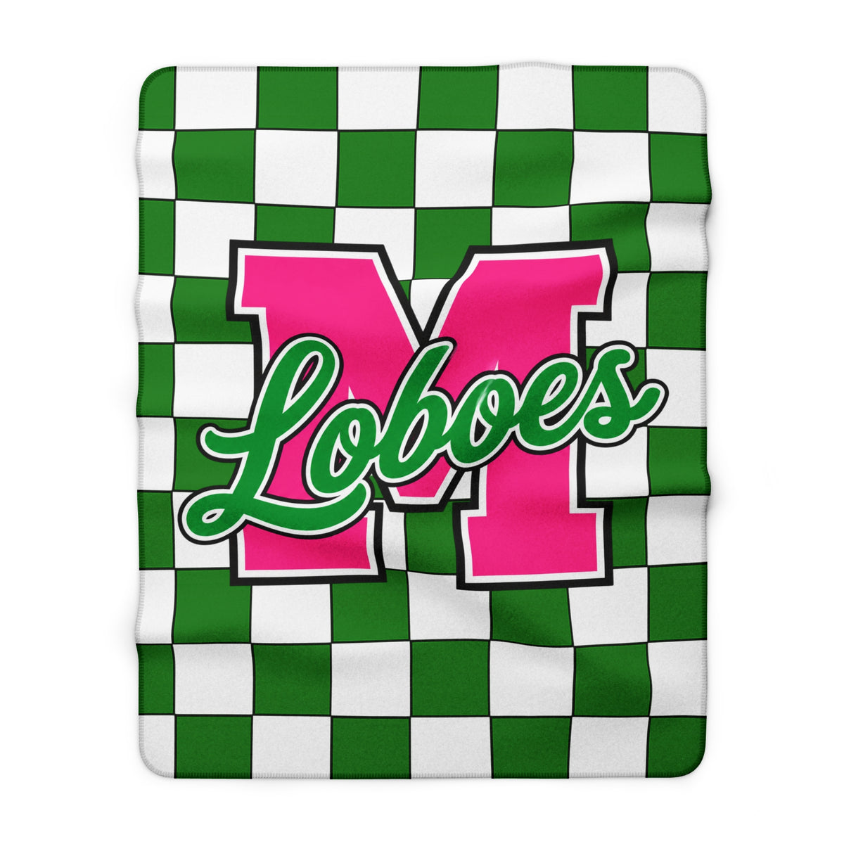 Loboes Checkered Sherpa Blanket — Green & Pink School Mascot Throw
