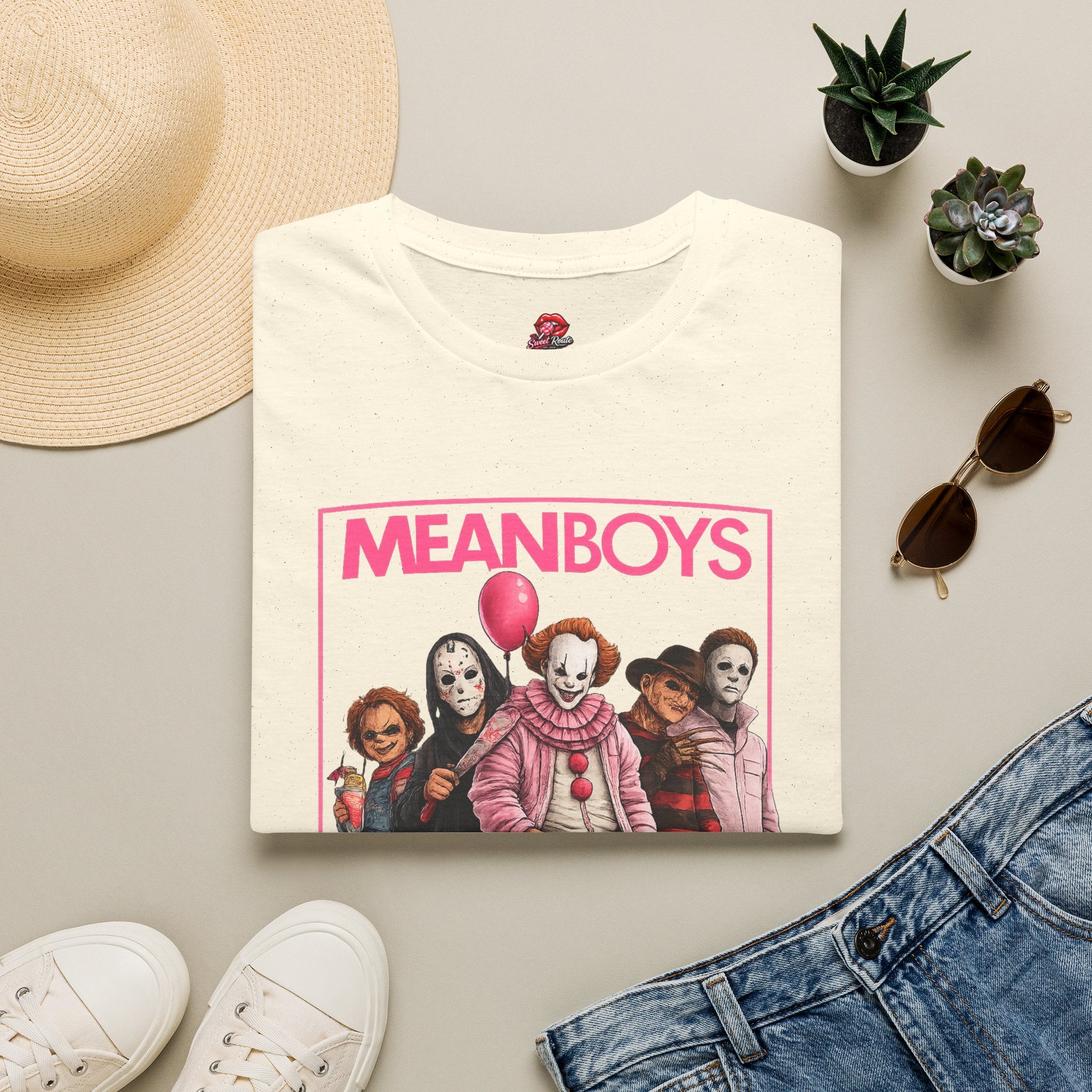Mean Boys Horror Graphic T-Shirt | Retro Slasher Inspired Pink Halloween Tee | Cute Creepy Horror Fan Shirt | Spooky Season Gift
