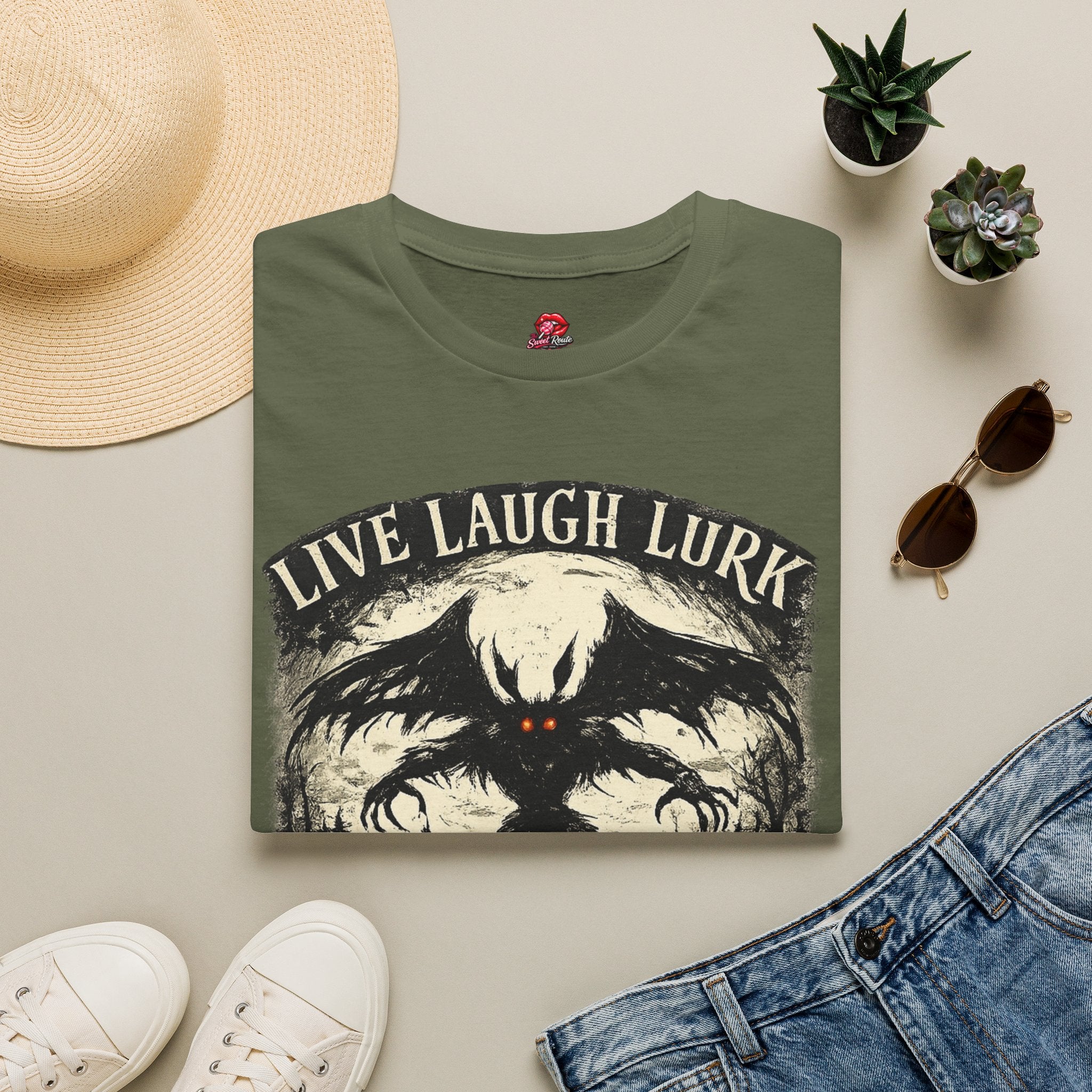 Mothman Live Laugh Lurk Graphic T-Shirt | Funny Cryptid Tee | Vintage Horror Shirt | Spooky Halloween Gift | Paranormal Apparel