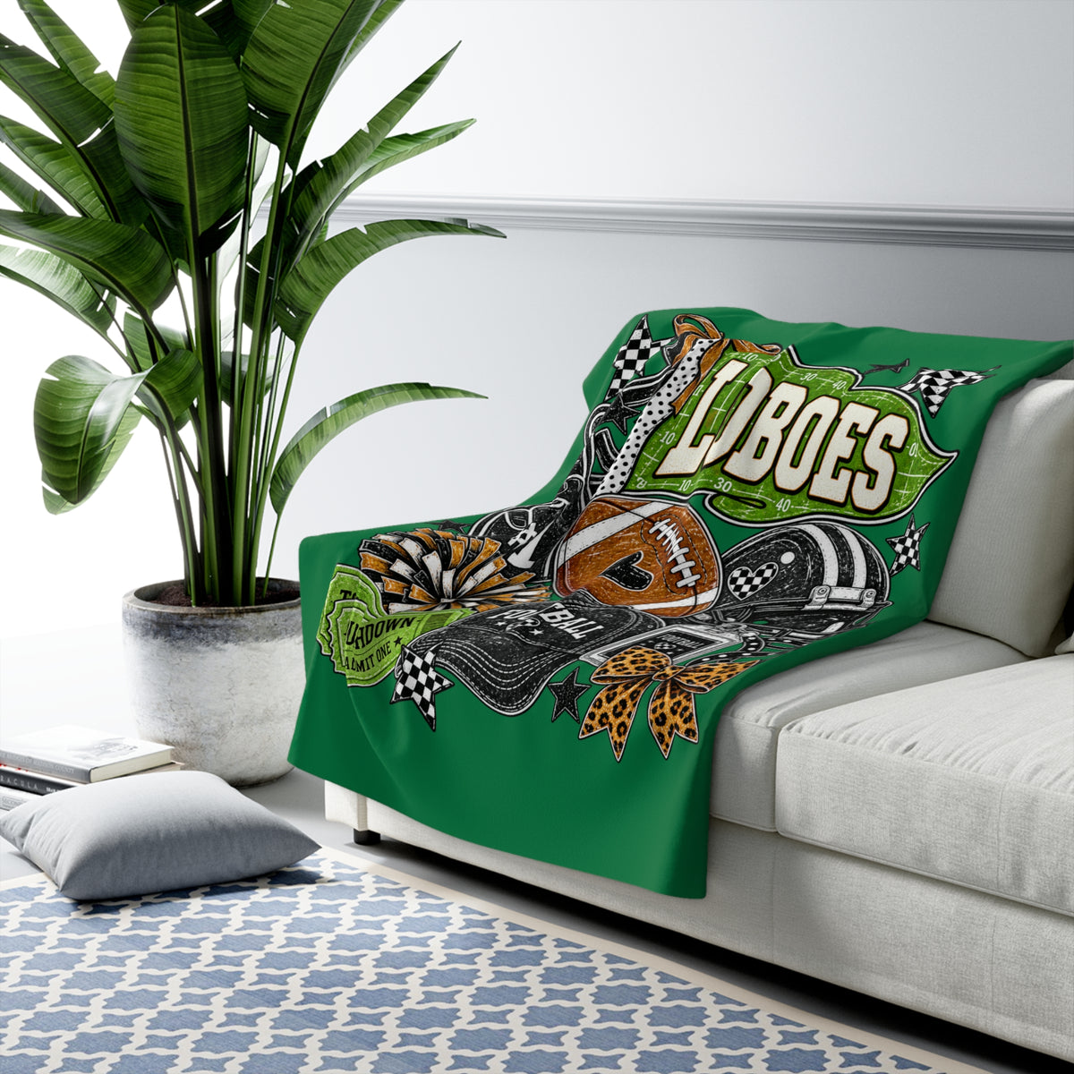 Loboes Football Sherpa Blanket — Cozy Game Day Fleece with Helmet, Pom Pom & Touchdown Design
