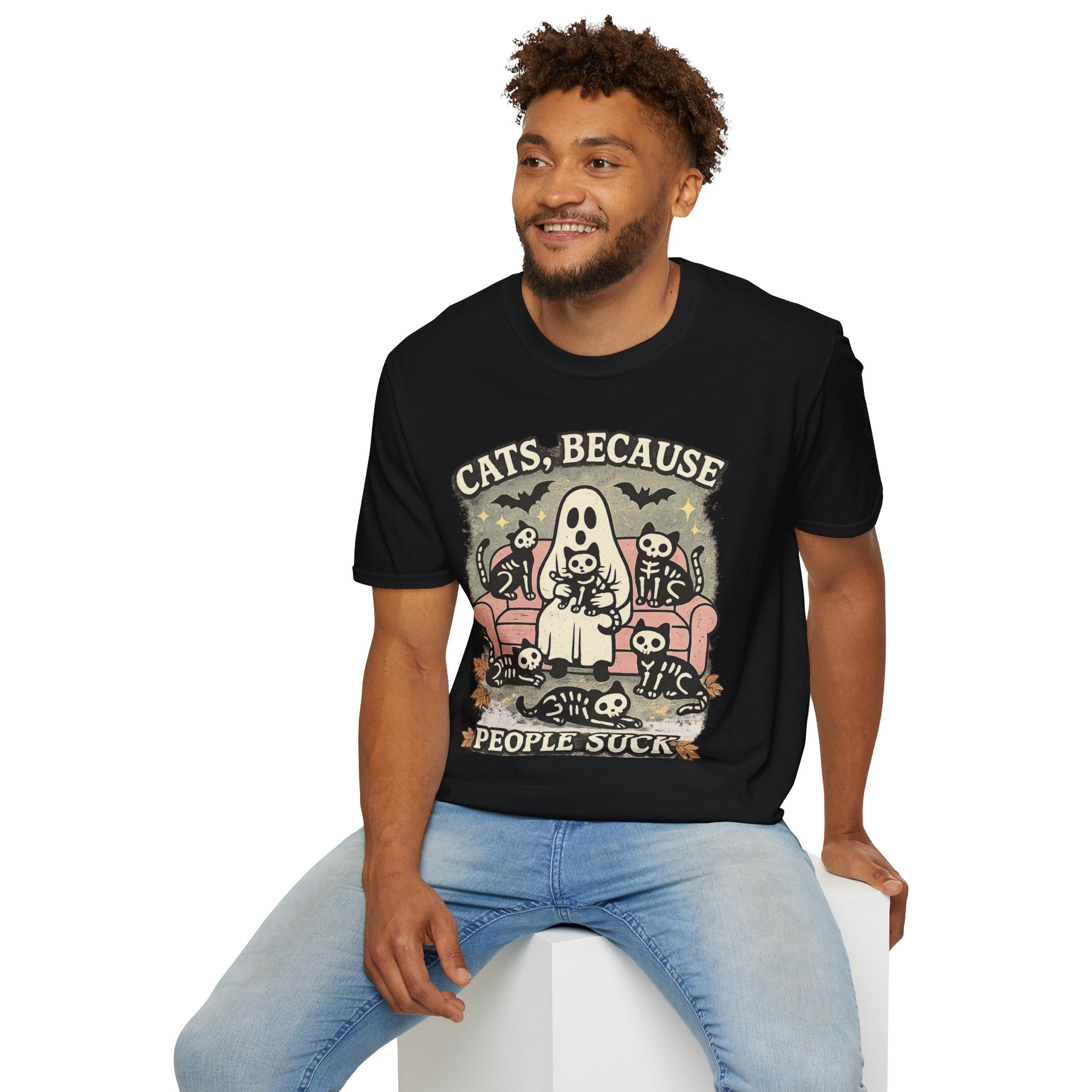 Cats, Because People Suck T-Shirt | Funny Black Cat Halloween Shirt | Cute Spooky Cat Graphic Tee | Cat Lover Gift for Women & Men
