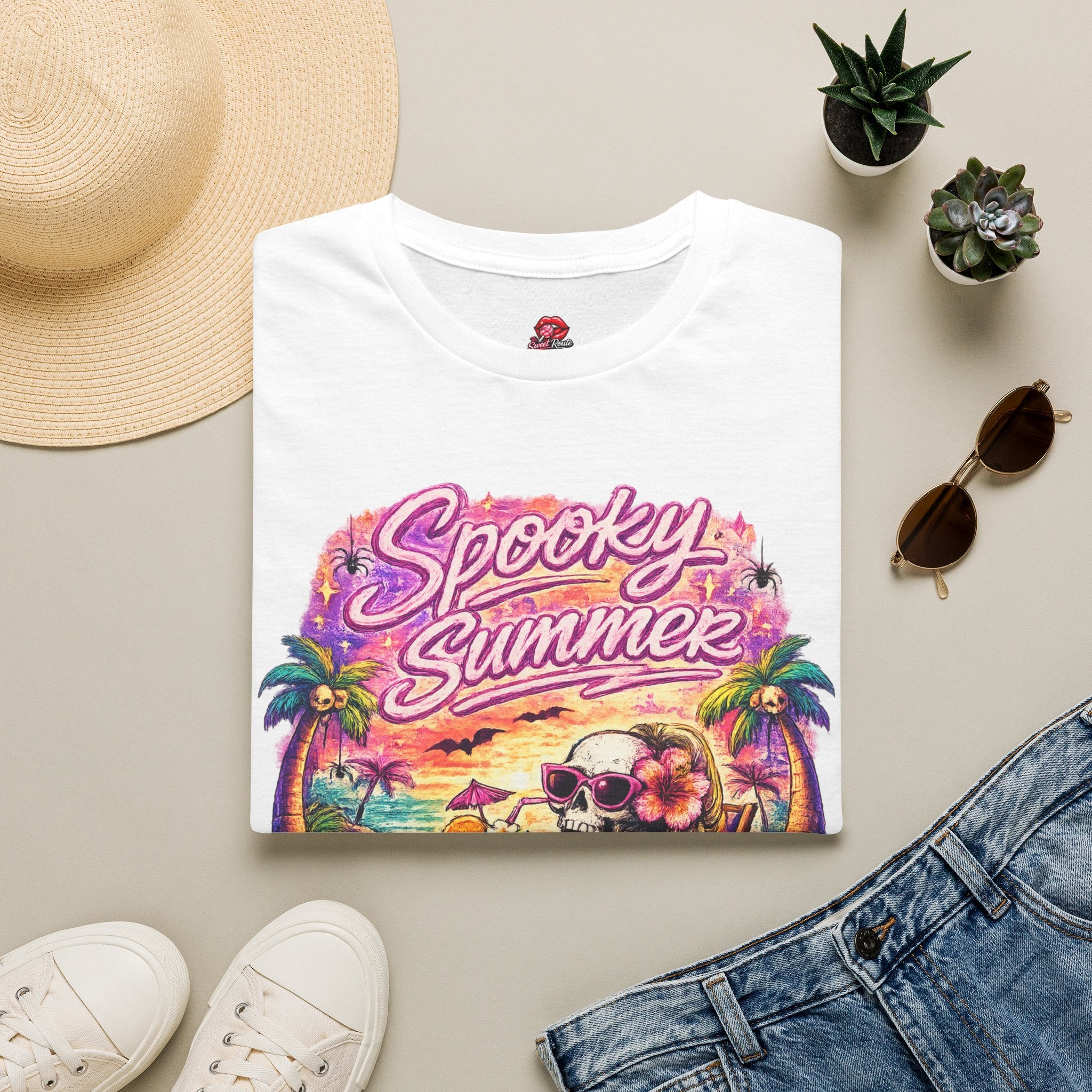 Spooky Summer T-Shirt | Retro Beach Skull & Palm Tree Shirt | Summerween Graphic Tee | Halloween Beach Vacation Shirt | Tropical Spooky Tee