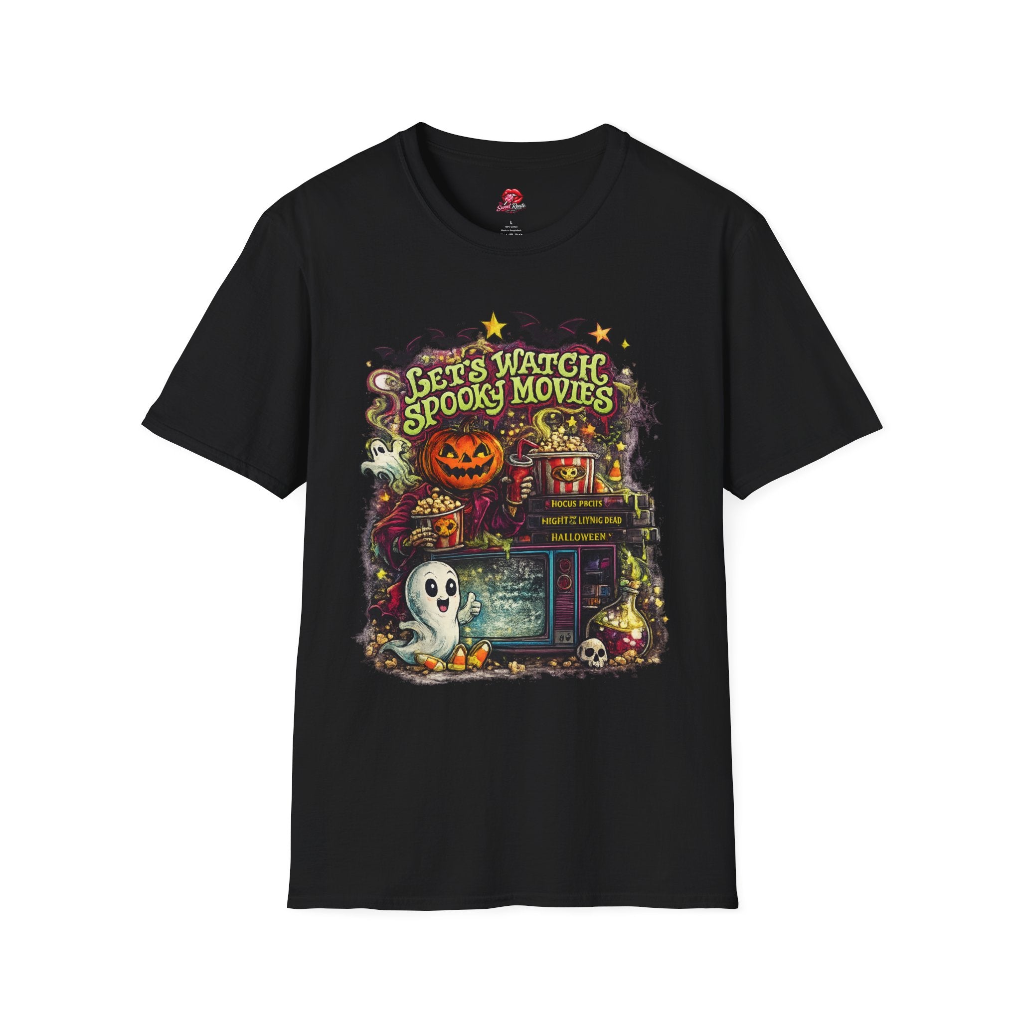 Let’s Watch Spooky Movies T-Shirt | Cute Halloween Movie Night Tee | Retro Ghost Graphic Shirt | Cozy Fall Halloween Tee | Horror Lover Gift