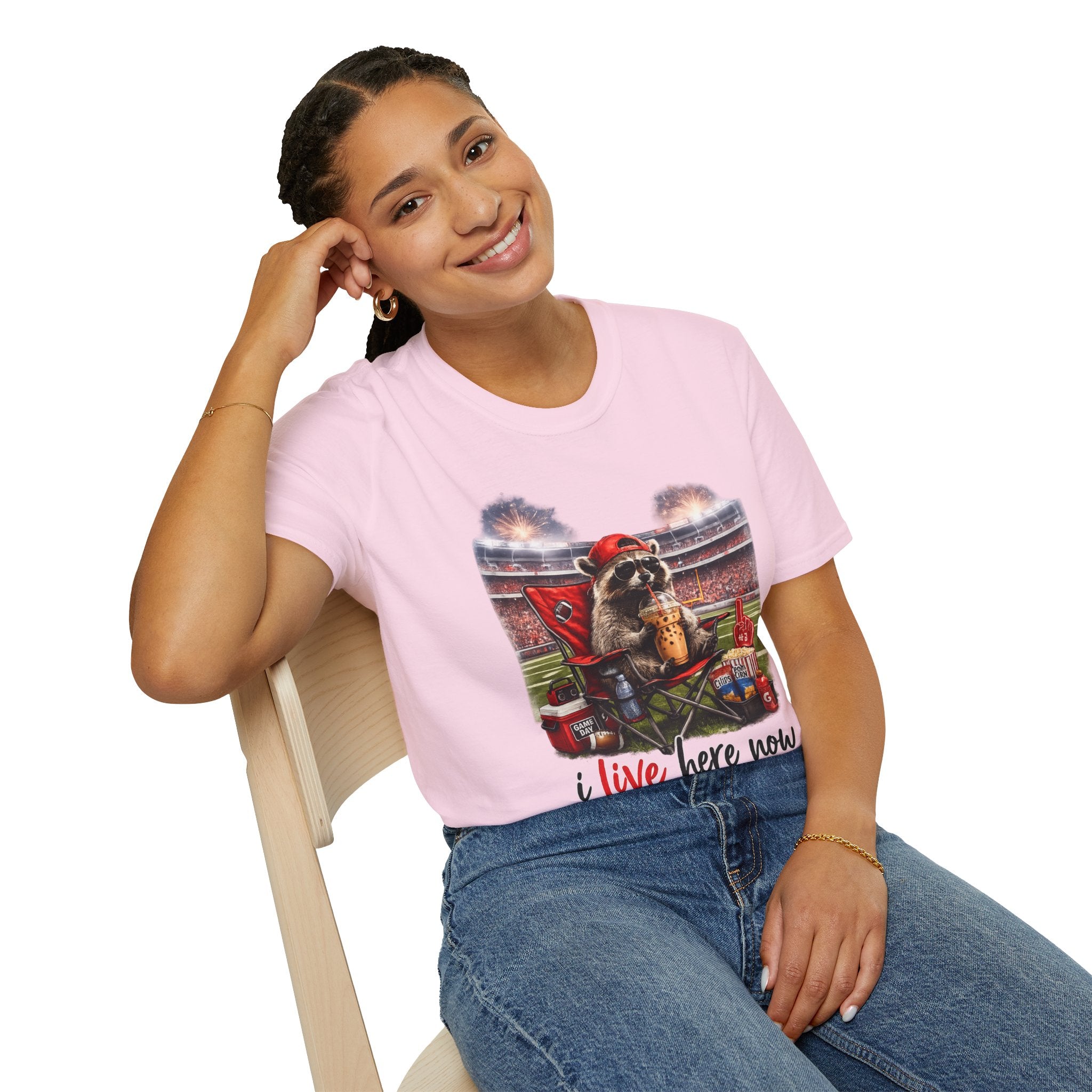 Raccoon Tailgate T-Shirt | “I Live Here Now” Funny Football Game Day Tee | Cute Fall Graphic Shirt