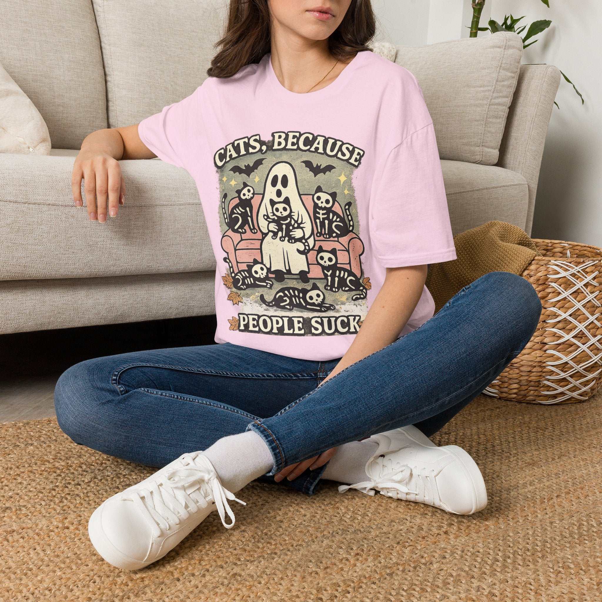 Cats, Because People Suck T-Shirt | Funny Black Cat Halloween Shirt | Cute Spooky Cat Graphic Tee | Cat Lover Gift for Women & Men
