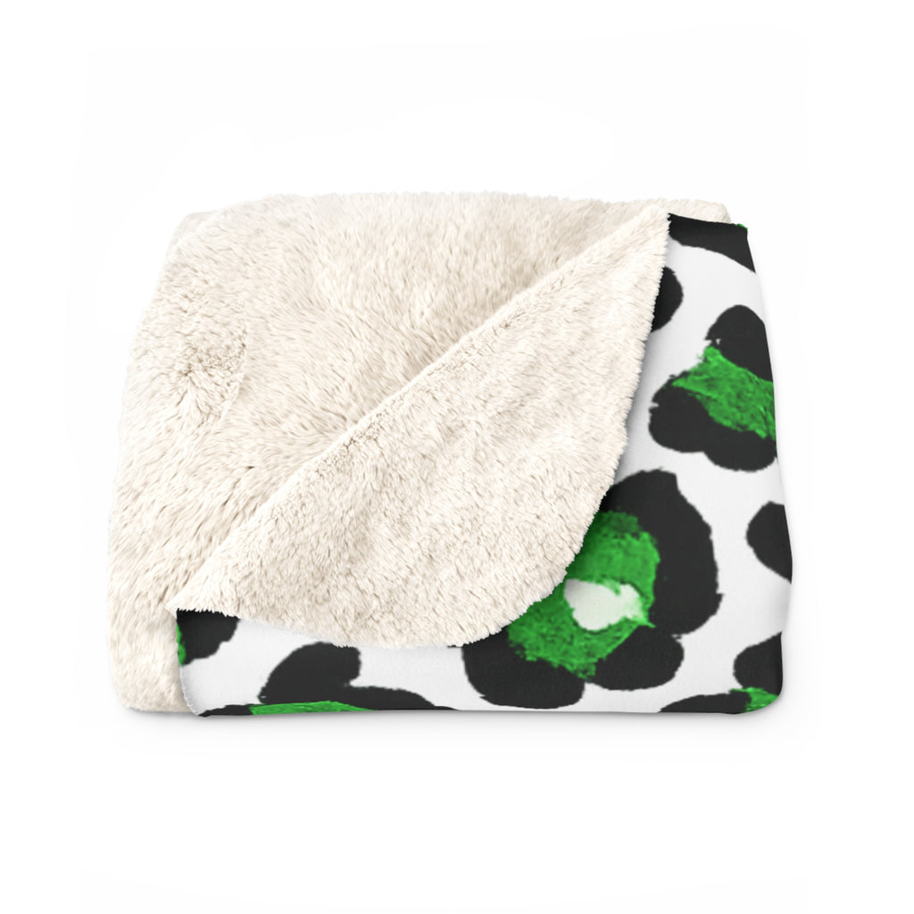 Loboes Sherpa Fleece Blanket — Pink M Letter on Green Leopard Print, Cozy Soft Throw
