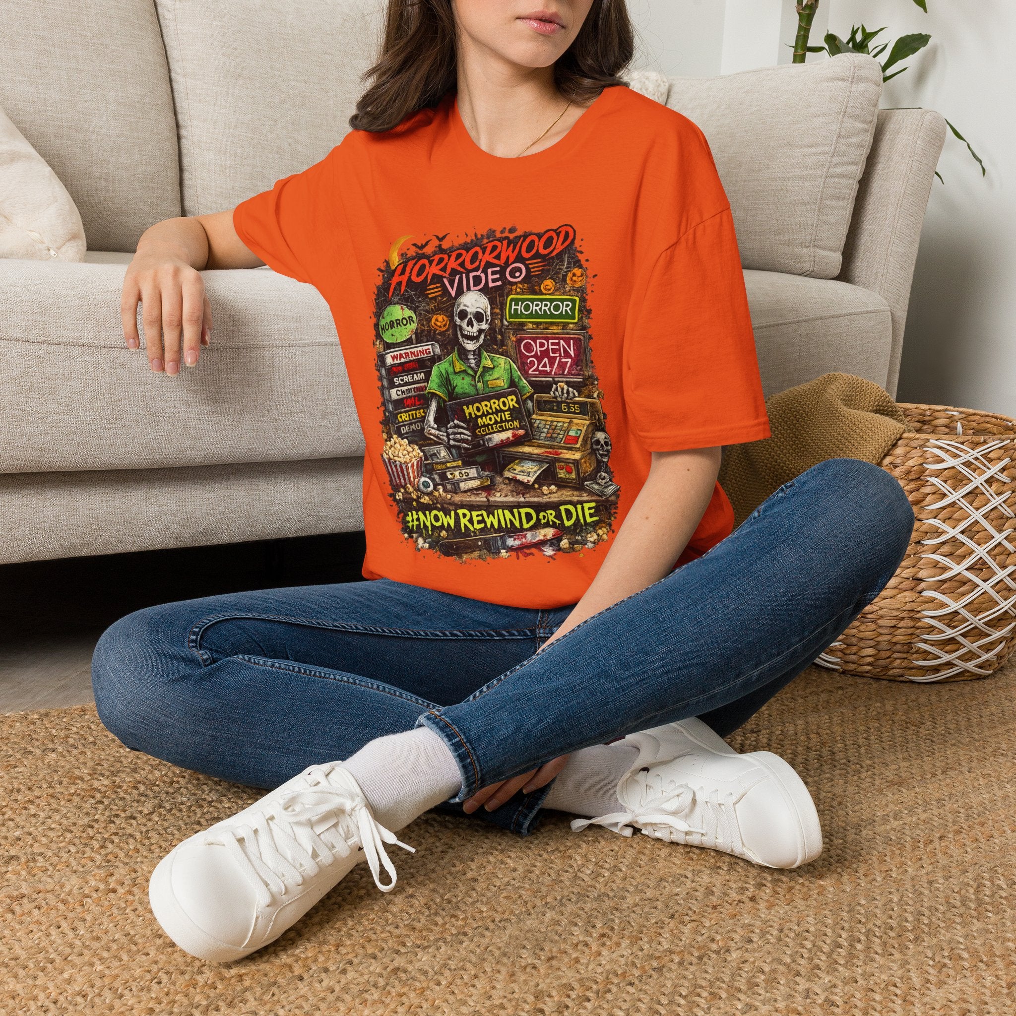 Horrorwood Retro Skeleton Horror Movie T-Shirt | Vintage Halloween Graphic Tee | Spooky Season Shirt | Horror Fan Gift