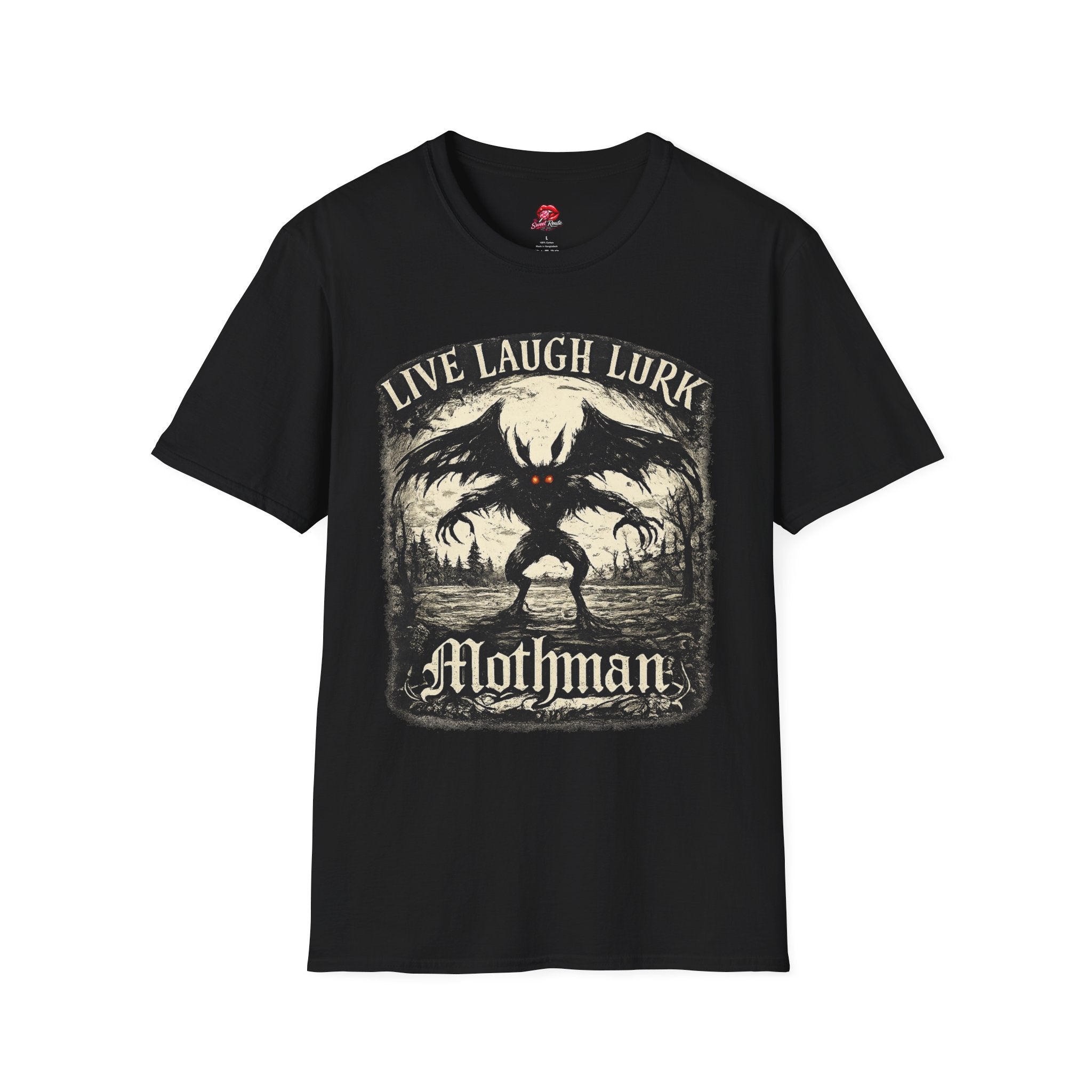 Mothman Live Laugh Lurk Graphic T-Shirt | Funny Cryptid Tee | Vintage Horror Shirt | Spooky Halloween Gift | Paranormal Apparel