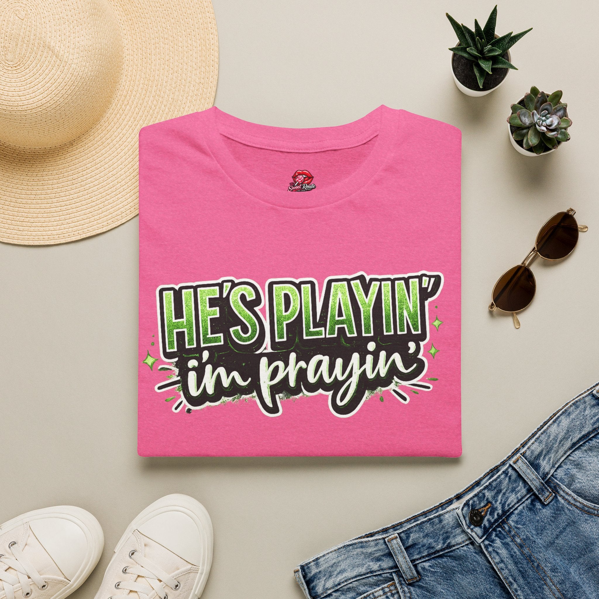 He’s Playin’ I’m Prayin Football Tee