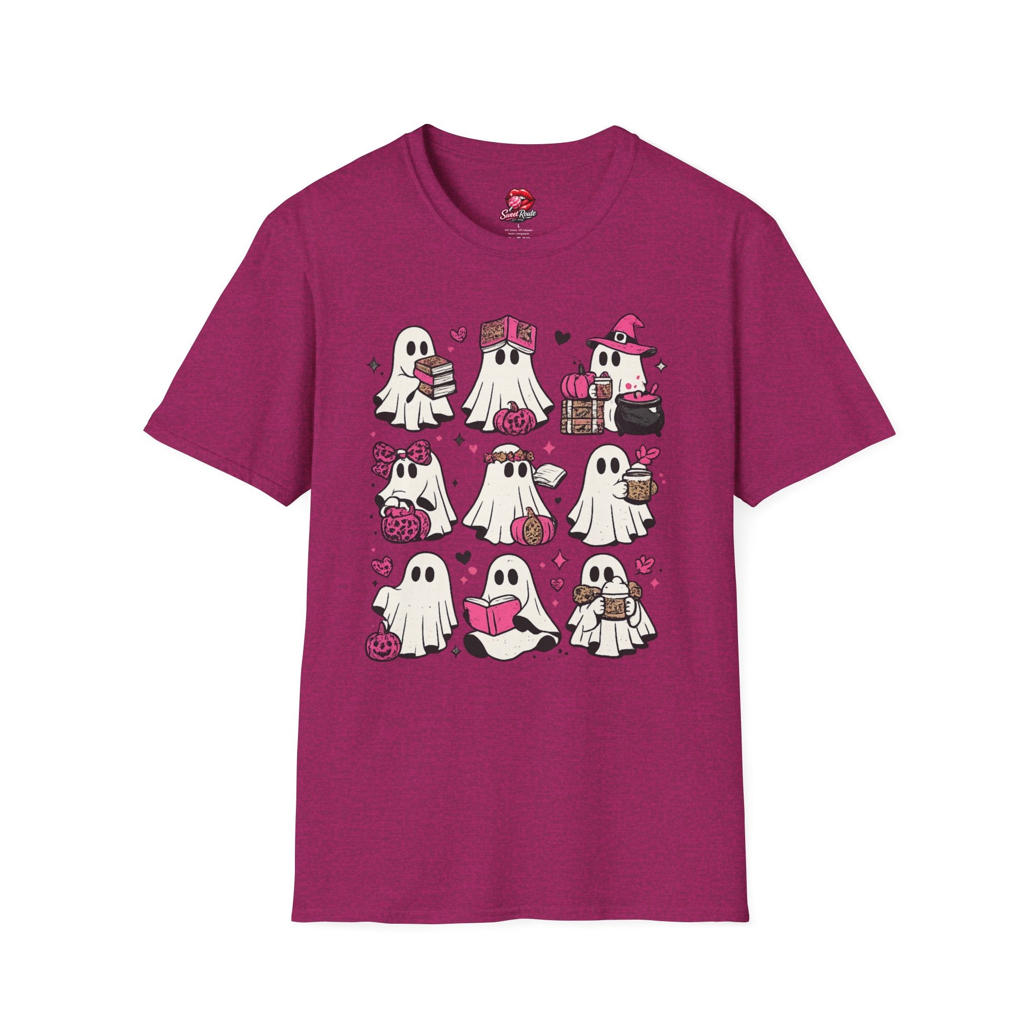 Pink Kawaii Ghosts Halloween T-Shirt | Cute Ghost Pattern Graphic Tee | Girly Spooky Season Shirt | Pink Halloween Aesthetic | Kawaii Ghost Gift