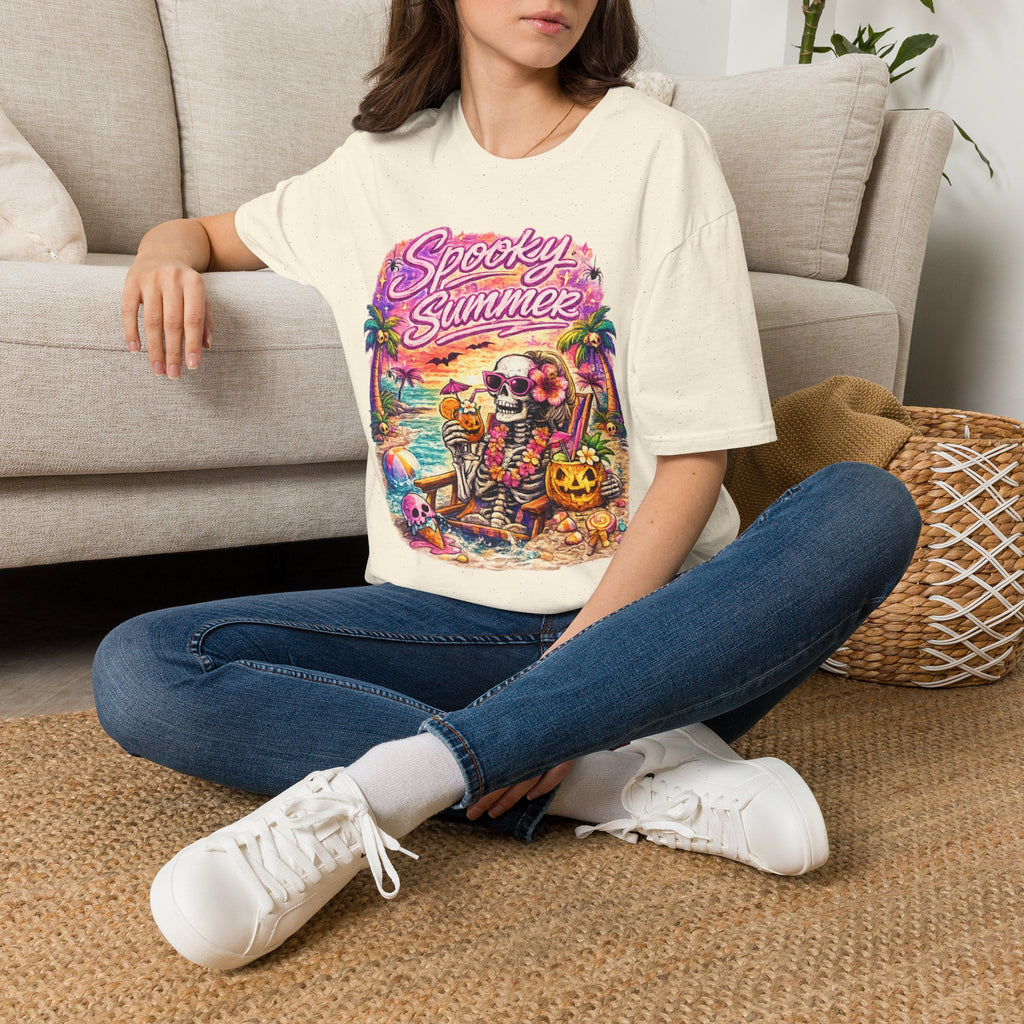 Spooky Summer T-Shirt | Retro Beach Skull & Palm Tree Shirt | Summerween Graphic Tee | Halloween Beach Vacation Shirt | Tropical Spooky Tee