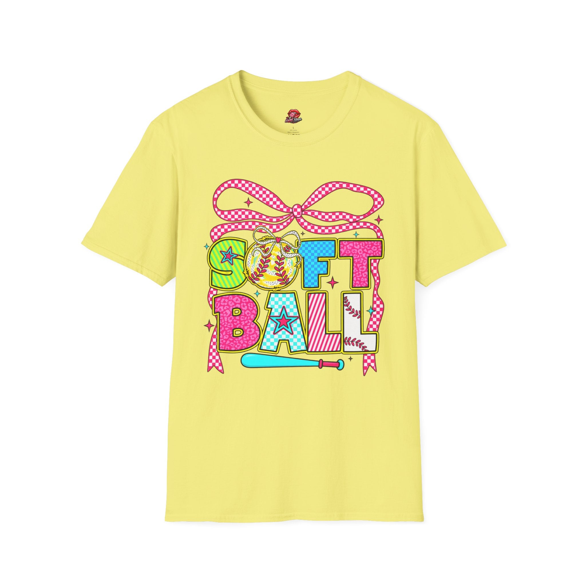 Colorful Bow & Bat Softball Tee