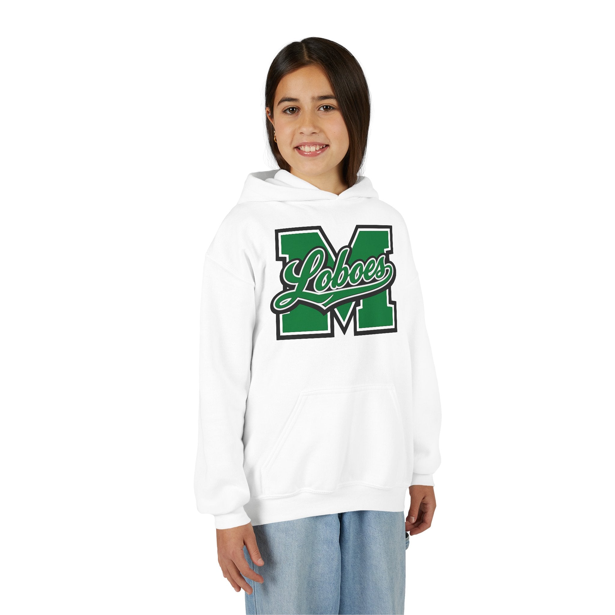 Youth Loboes M Letter Hoodie — Green & White School Spirit Sweatshirt