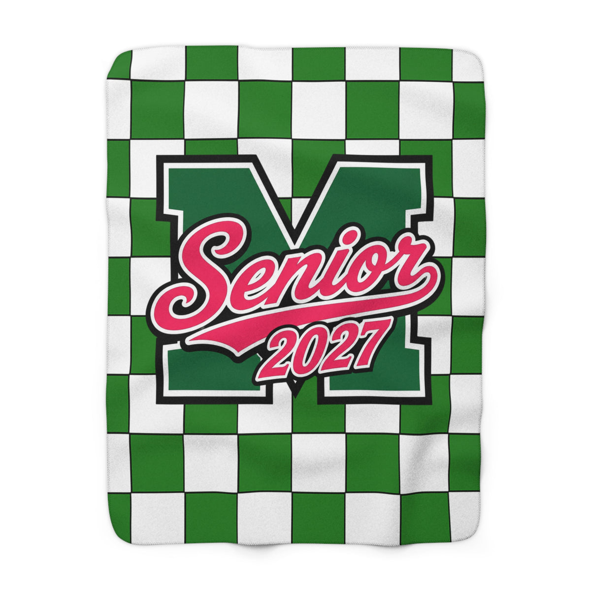 Senior 2027 Sherpa Fleece Blanket – Green Checkerboard Graduation Throw