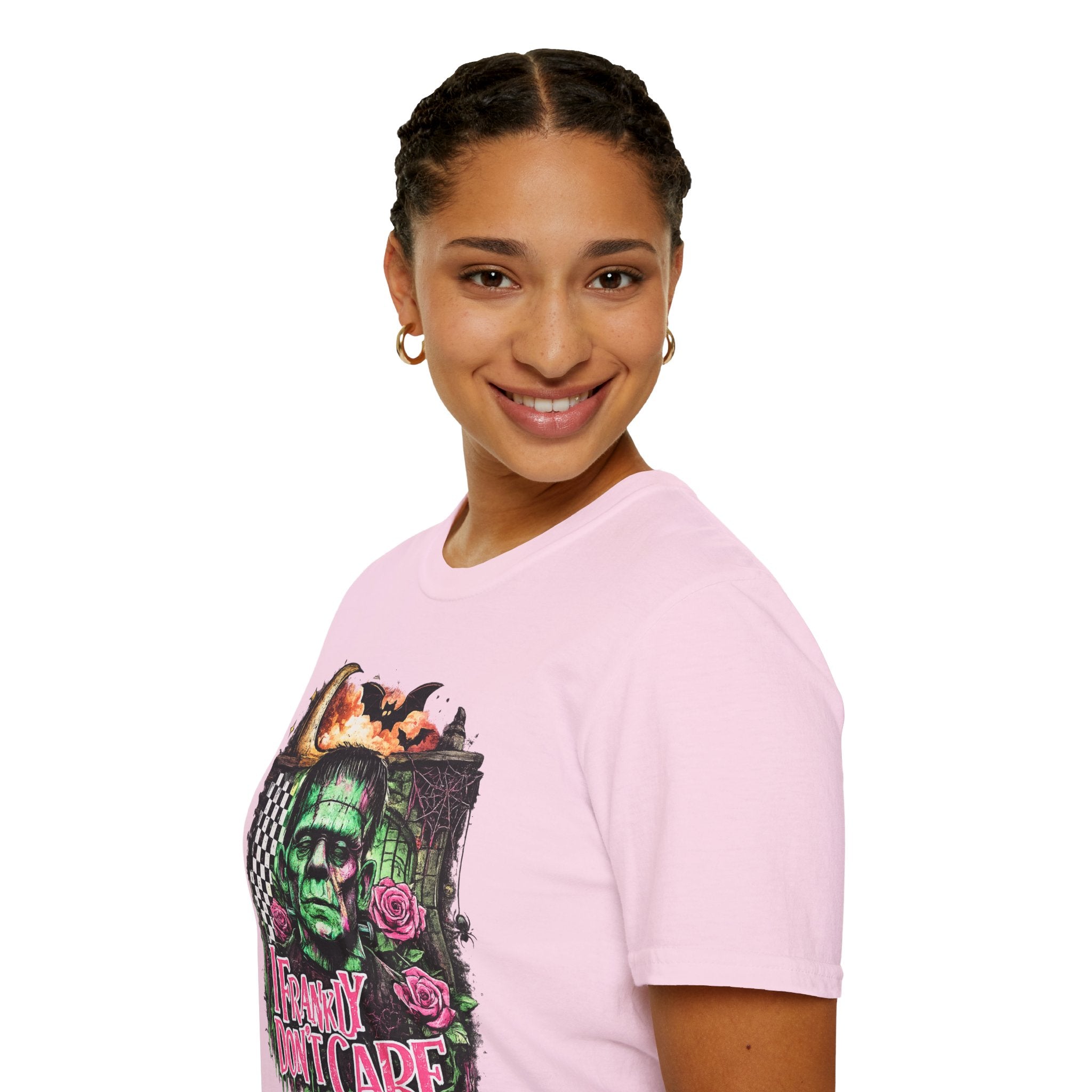 Frankly Don’t Care Frankenstein T-Shirt | Funny Halloween Monster Graphic Tee | Retro Spooky Frankenstein Shirt | Halloween Gift