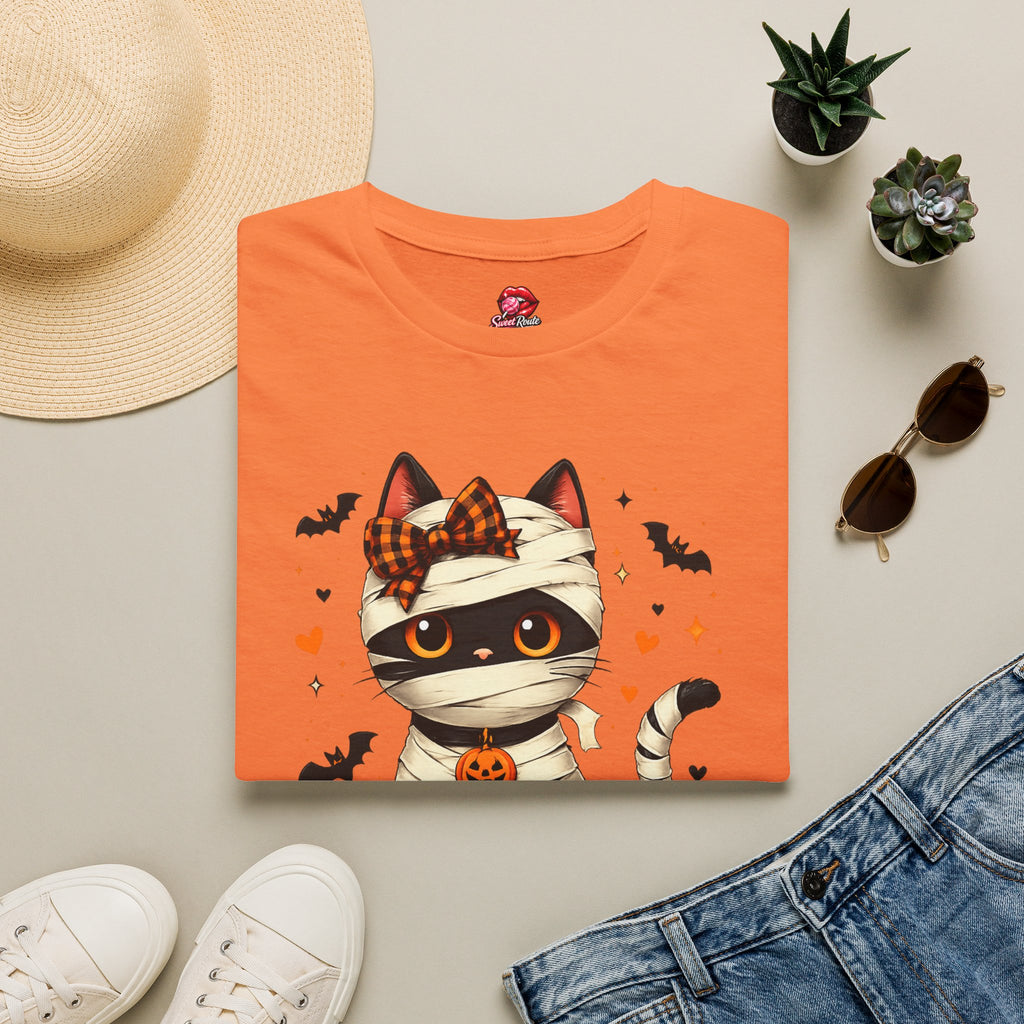 Mummy Cat Meowmy Halloween T-Shirt | Cute  Black Cat Ghost Graphic Tee | Funny Cat Mom Halloween Shirt | Spooky Fall Cat Lover Gift