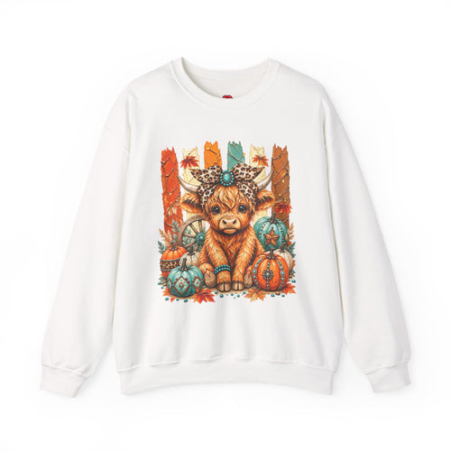 Autumn Highland Cow Crewneck Sweatshirt — Cute Fall Pumpkin Farm Sweatshirt