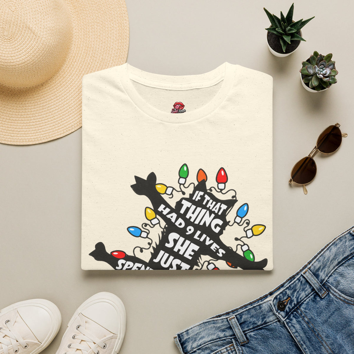9 Lives Cat and Christmas Lights  T-Shirt