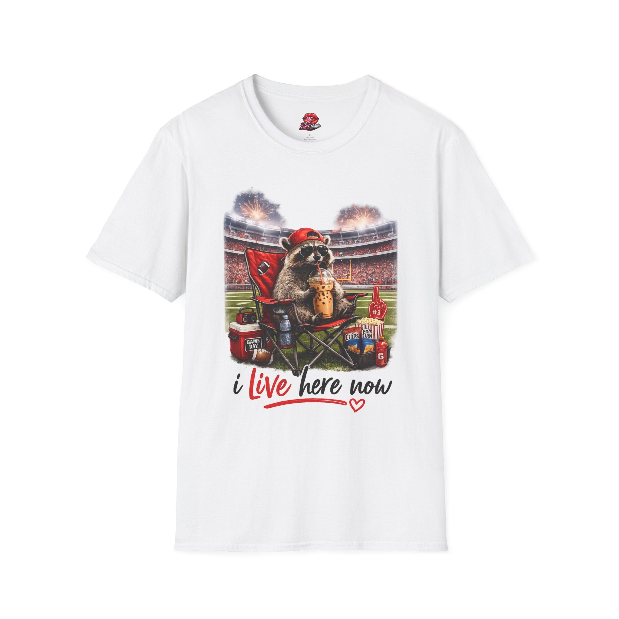 Raccoon Tailgate T-Shirt | “I Live Here Now” Funny Football Game Day Tee | Cute Fall Graphic Shirt