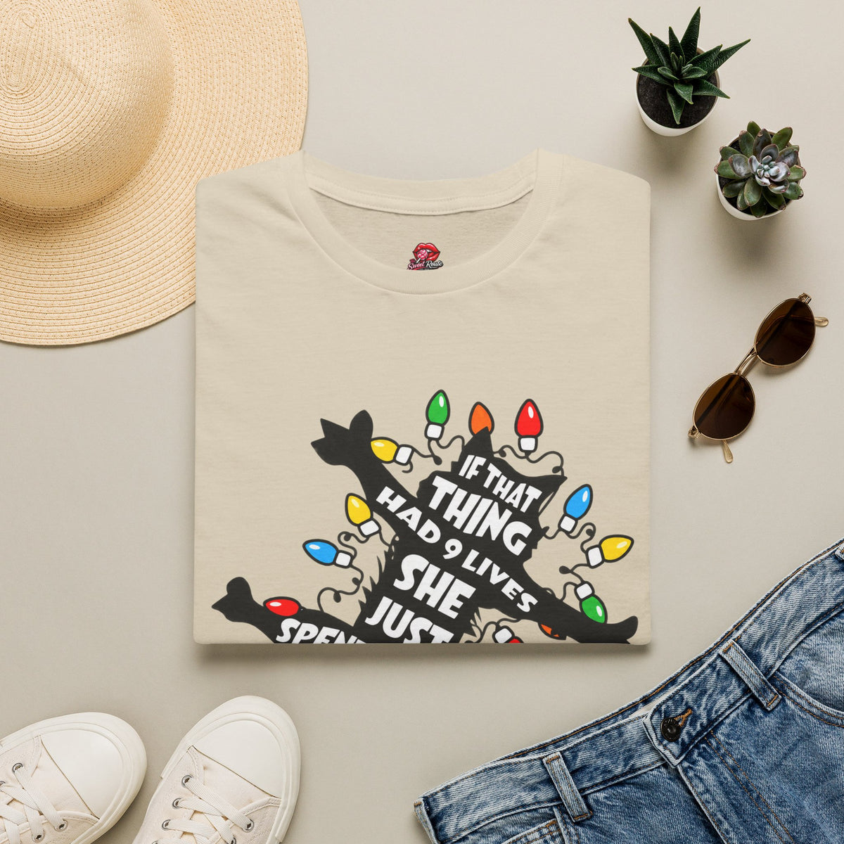 9 Lives Cat and Christmas Lights  T-Shirt