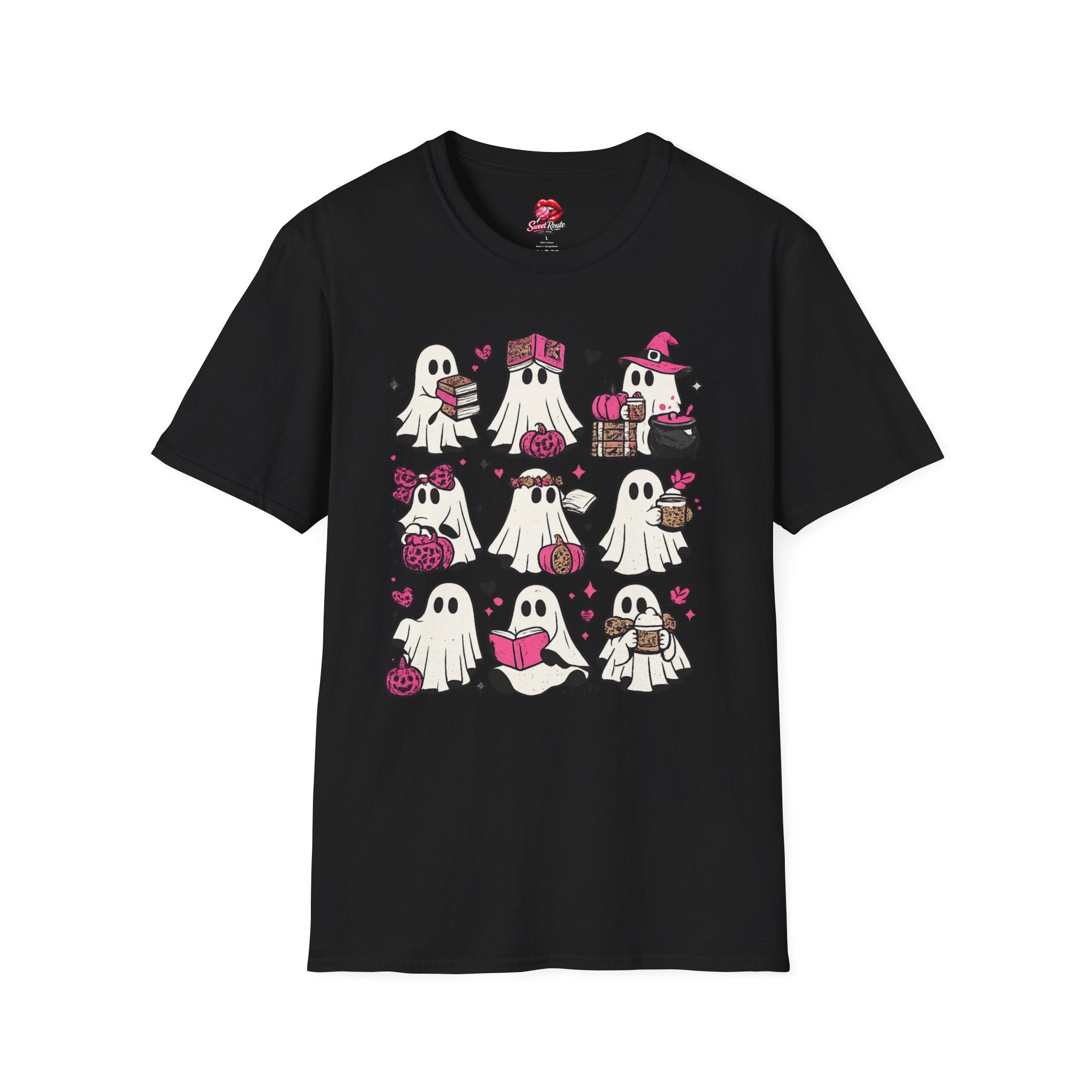 Pink Kawaii Ghosts Halloween T-Shirt | Cute Ghost Pattern Graphic Tee | Girly Spooky Season Shirt | Pink Halloween Aesthetic | Kawaii Ghost Gift