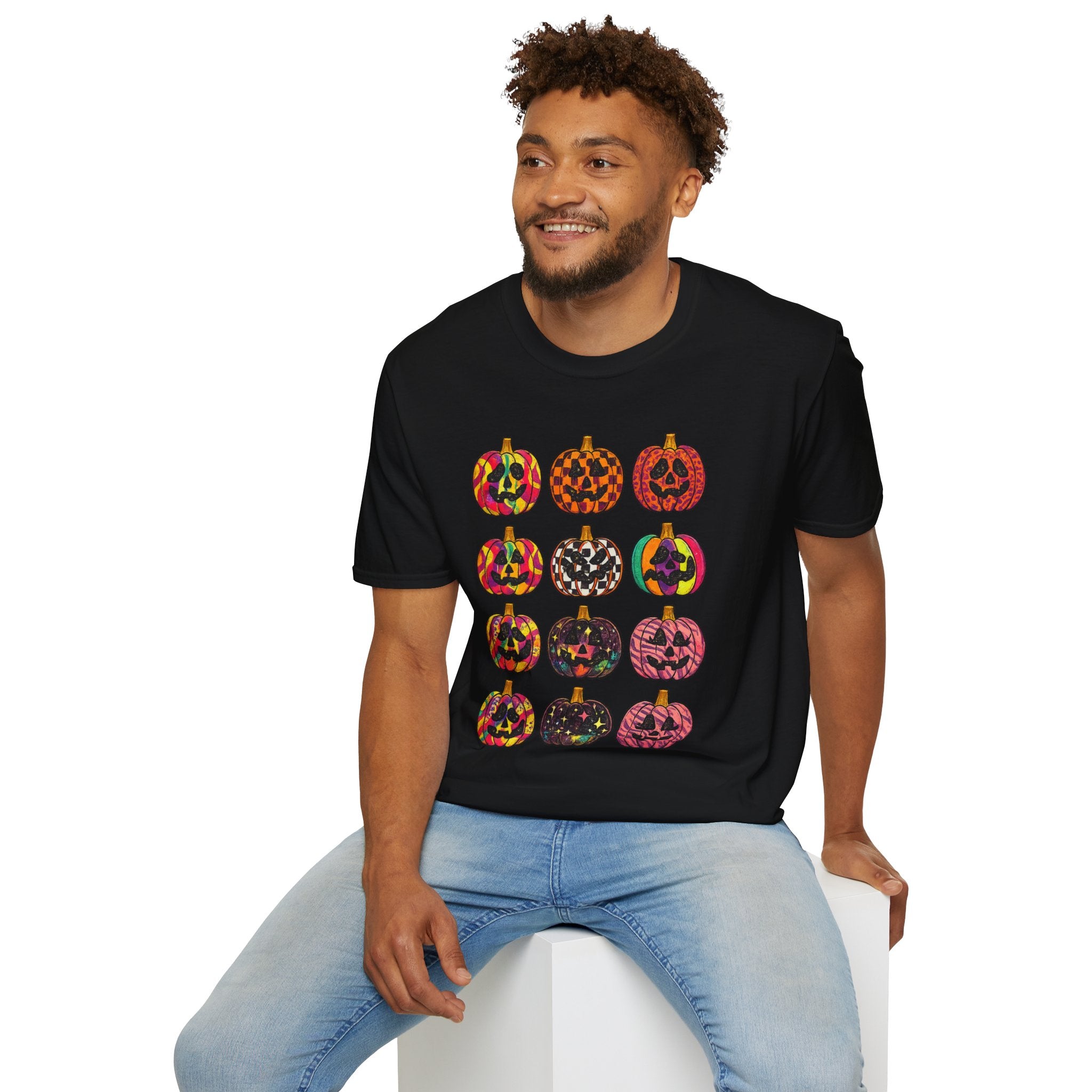 Colorful Jack-O-Lantern pattern T-Shirt | Cute Halloween Pumpkin Graphic Tee | Spooky Season Fall Shirt for Women