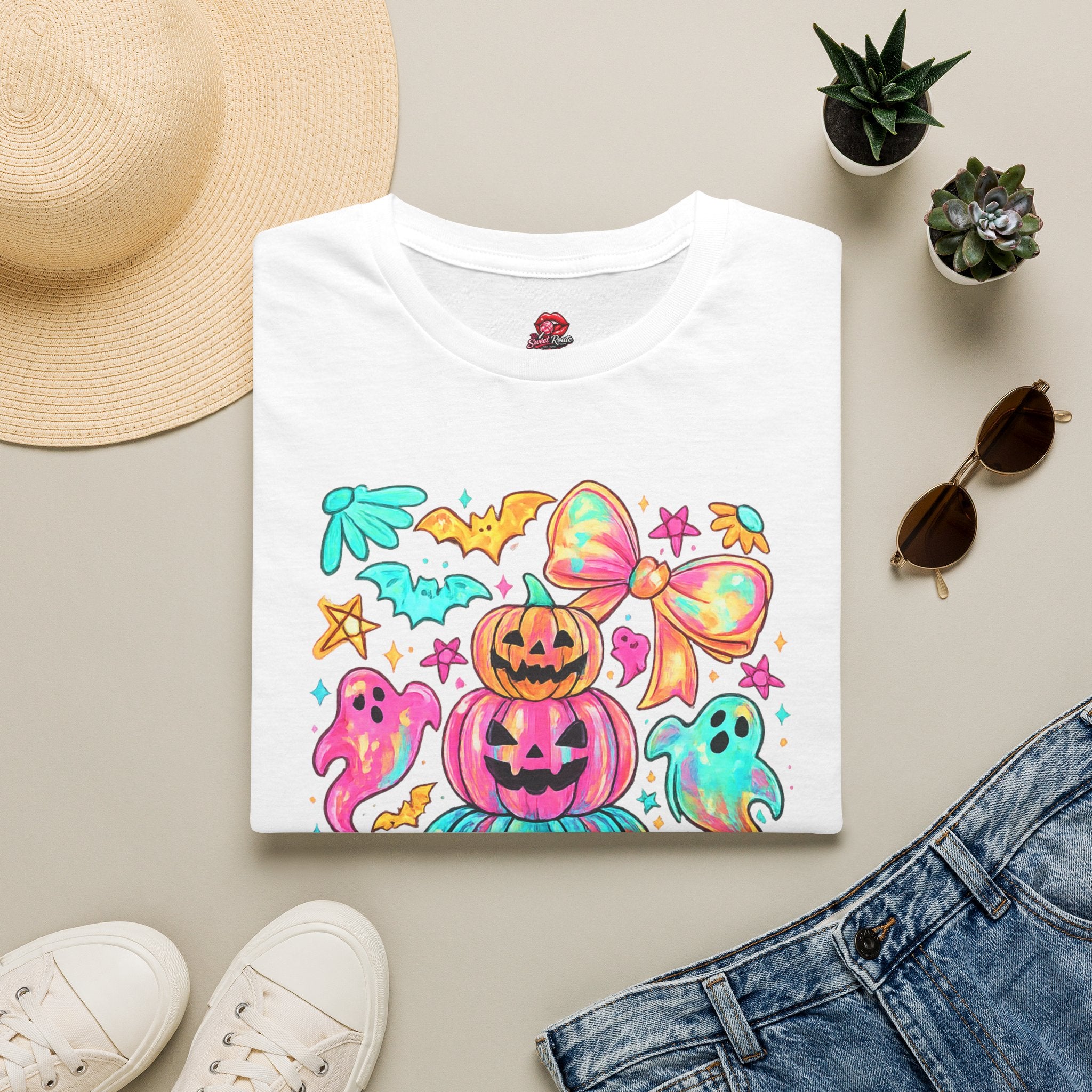 Cute Pastel Halloween Pumpkin & Ghost Graphic T-Shirt | Coquette Spooky Season Tee