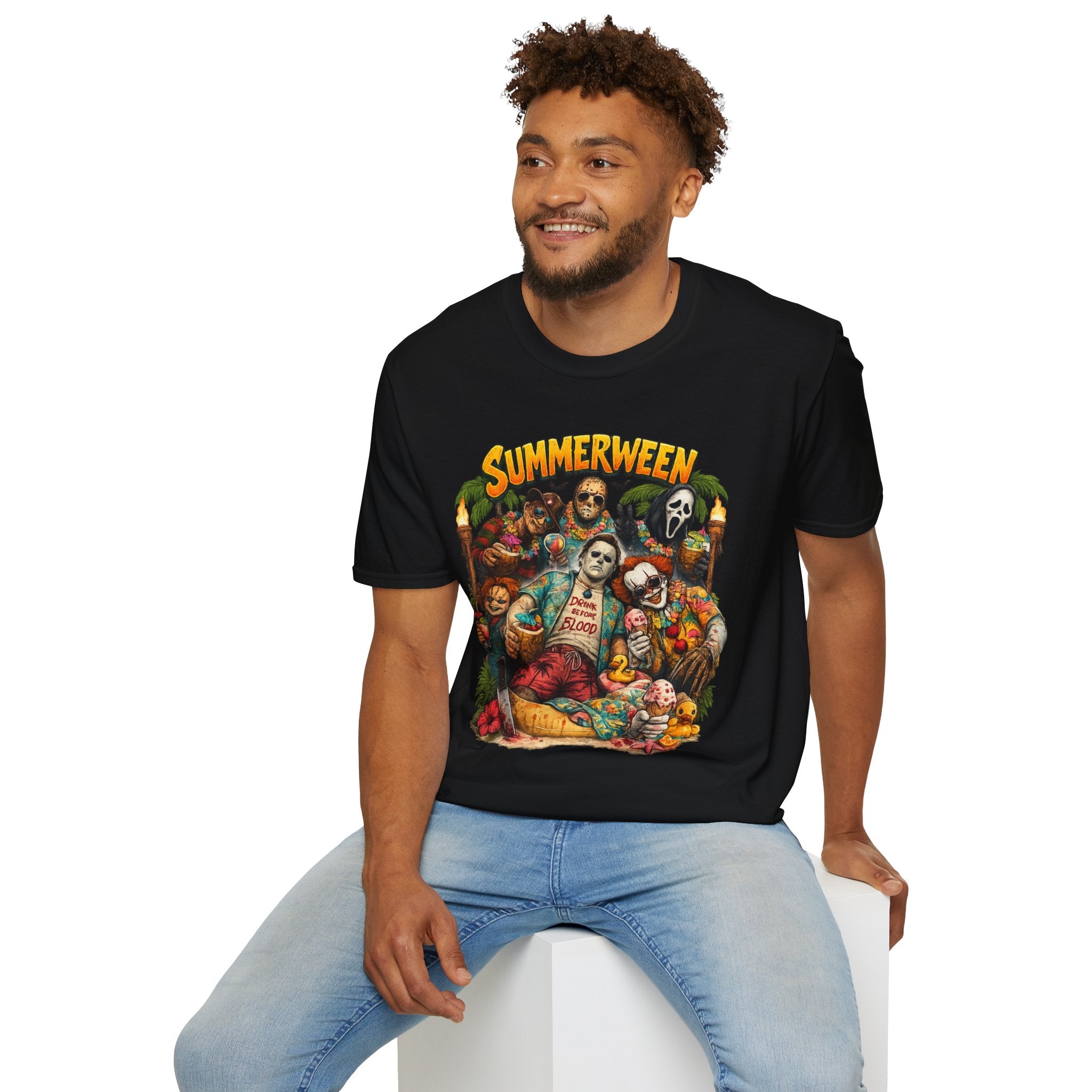 Summerween Horror Movie Characters T-Shirt | Retro Summer Halloween Tee | Spooky Beach Graphic Shirt | Horror Fan Gift | Vintage Summerween Tee