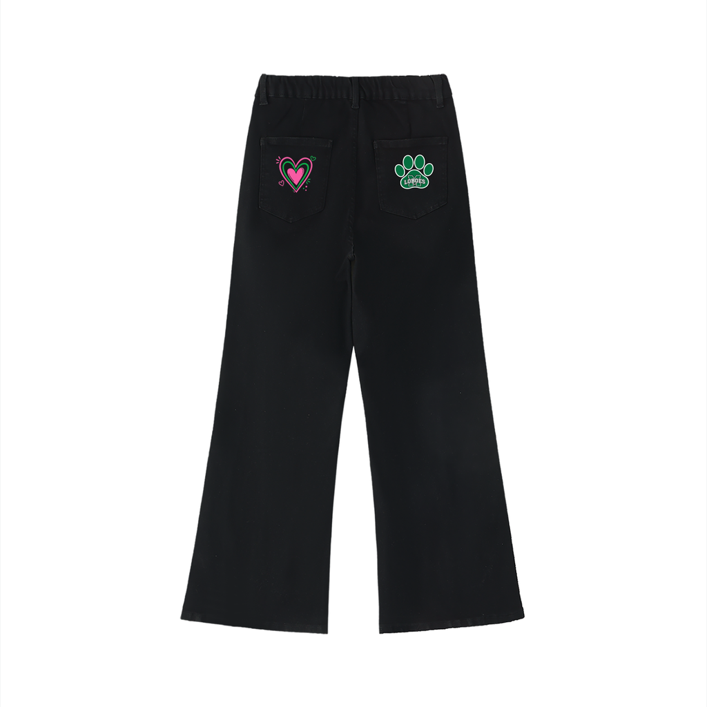 Women’s Monahans Loboes Pink & Kelly Green Heart Flare Jeans | Game Day Bell Bottoms