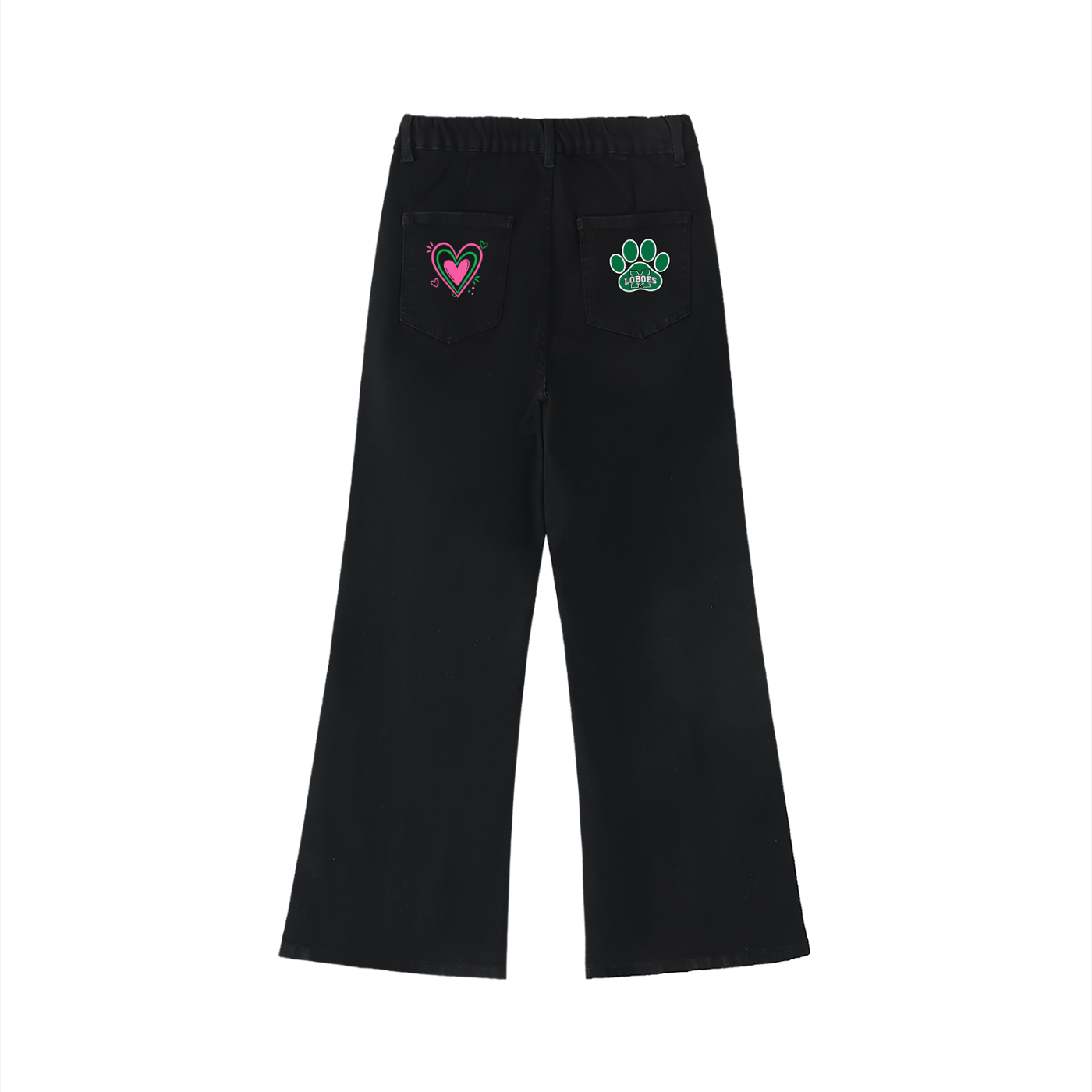 Women’s Monahans Loboes Pink & Kelly Green Heart Flare Jeans | Game Day Bell Bottoms