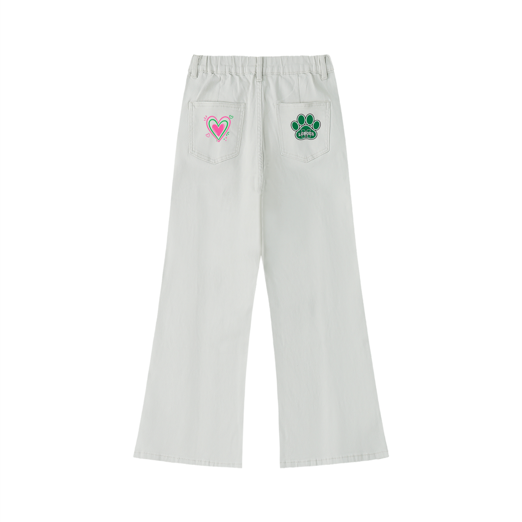 Women’s Monahans Loboes Pink & Kelly Green Heart Flare Jeans | Game Day Bell Bottoms